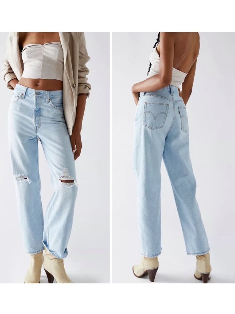 Levi's Premium Ribcage Straight Ankle Jeans Light Wash Distressed 27